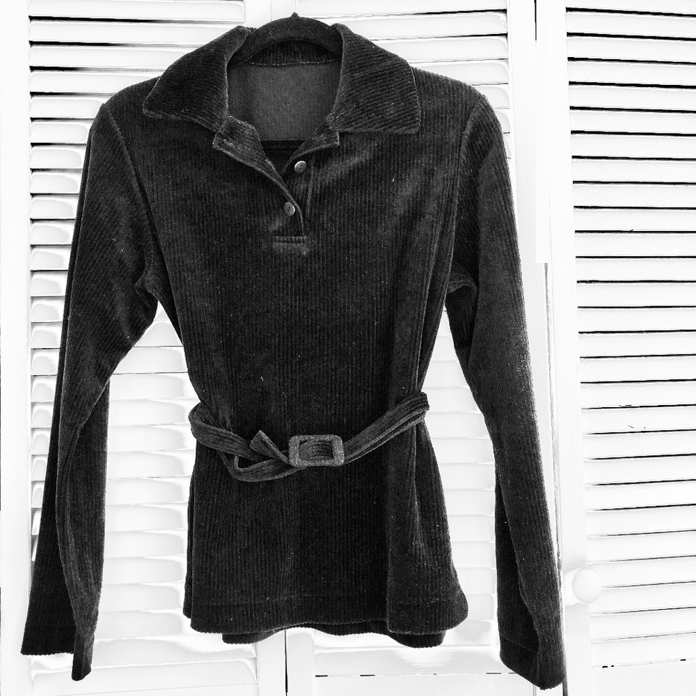 Corduroy Velvet Long Sleeve 3 Button Collared Sweater Top Blouse w/ Belt Black S